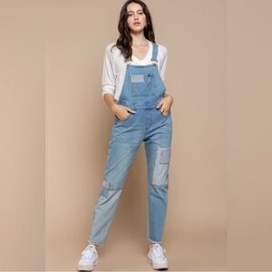 NEW - POL Straight Leg Patchwork Denim Overalls